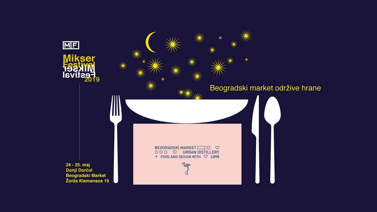 Najava za Beogradski festival održive hrane. Teget pozadina sa stilizovanim tanjirom i priborom zvezdama i mesecom.