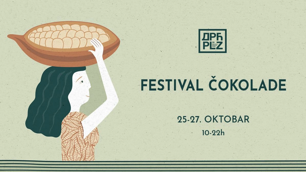 Najava za Festival čokolade na Dorćol placu. Zelena pozadina sa devojkom koja na glavi nosi plod kakao.