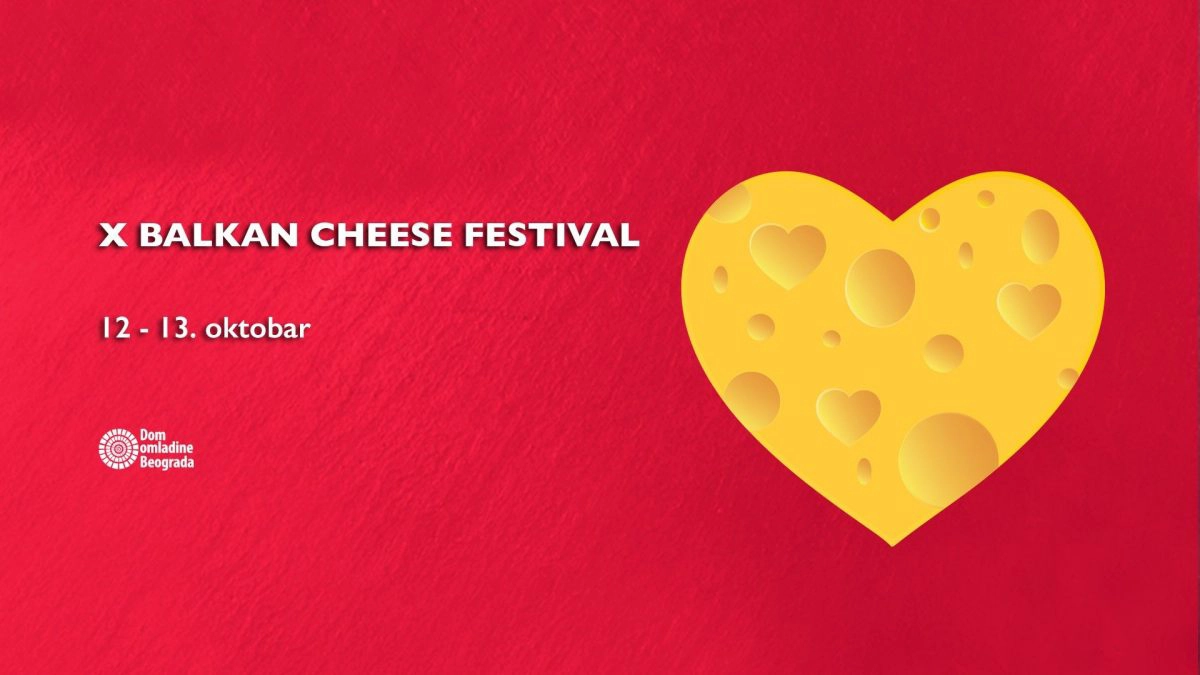 Najava za 10. Balkan Cheese Festival. Crvena pozadina sa sirom u obliku srca.