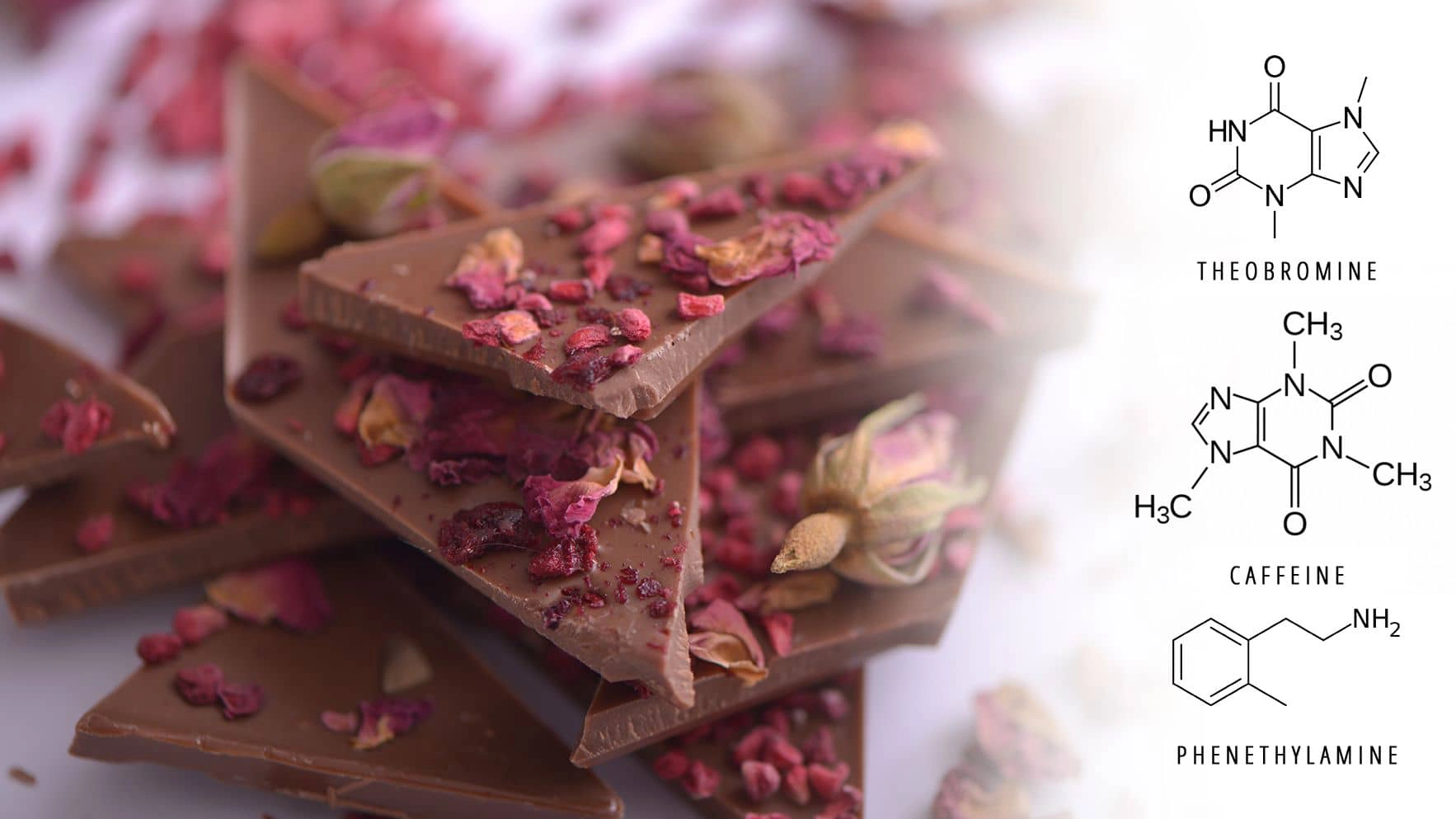 Mlečna čokolada sa malinom, višnjom i laticama ružesa levestrane a sa desne strane se nalaze hemijske formule.