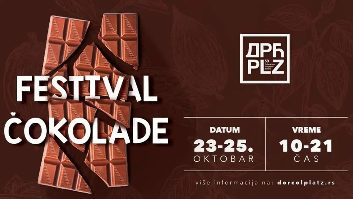 Najava za Festival čokolade na Dorćol placu. Braon pozadina sa lomljenom čokoladom.