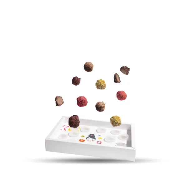 Kutija sa deset Aguara čokoladnih tartufa sa pastom od pistaća, lešnika, oraha i badema, ručno rađenih i upakovanih u jedinstveno dizajniranu kutiju posvećenu ženama.