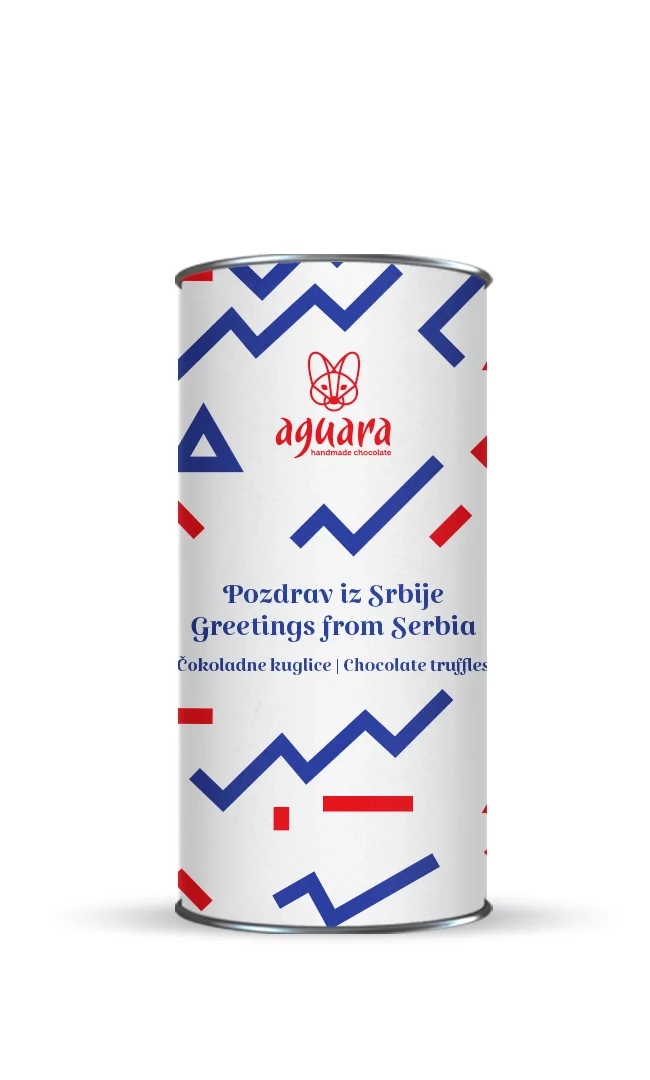 Tuba u kojoj se nalazi osam Aguara čokoladnih kuglica. Na etiketi se nalaze crveno plavi motivi. Pakovanje se zove Pozdrav iz Srbije.