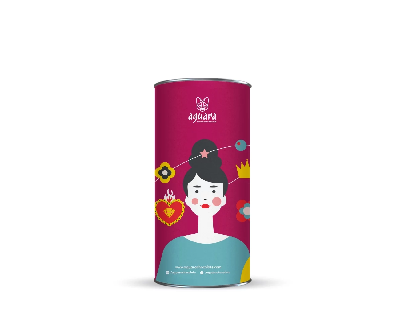 Tuba u kojoj se nalazi osam Aguara čokoladnih kuglica. Na etiketi se nalazi ilustracija žene inspirisane Fridom Kalo. Oko njene glave se nalaze cvet, srce, kruna.