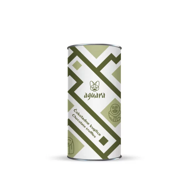 Tuba u kojoj se nalaze Aguara čokoladne kuglice sa lešnik pastom i organskim kakao prahom. Na etiketi se nalaze motivi Lepenskog vira.