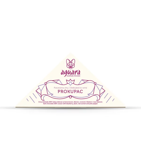 Trouglasta čokolada čokoladeposvećene vinu Prokupac. Na ambalaži se nalaze linijski elementi koji predstavljaju elemente srpske tradicije.