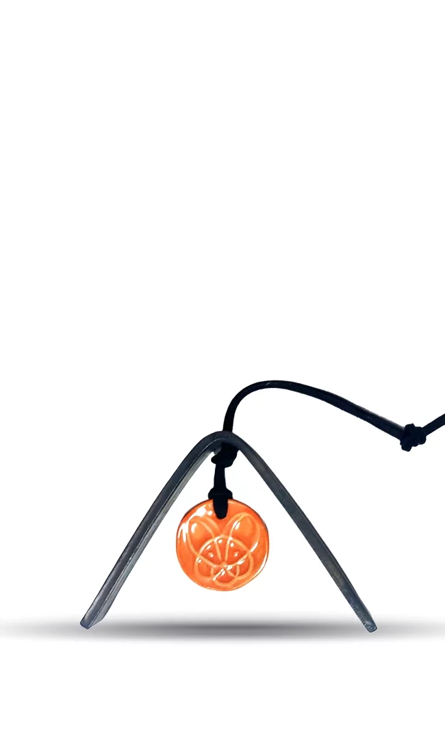 Aguara chocolate novogodišnji ukras za jelku. Trougao koji simbolizuje aguarinu trouglastu čokoladnu tablu i narandžasti medaljon sa aguarinom glavom.