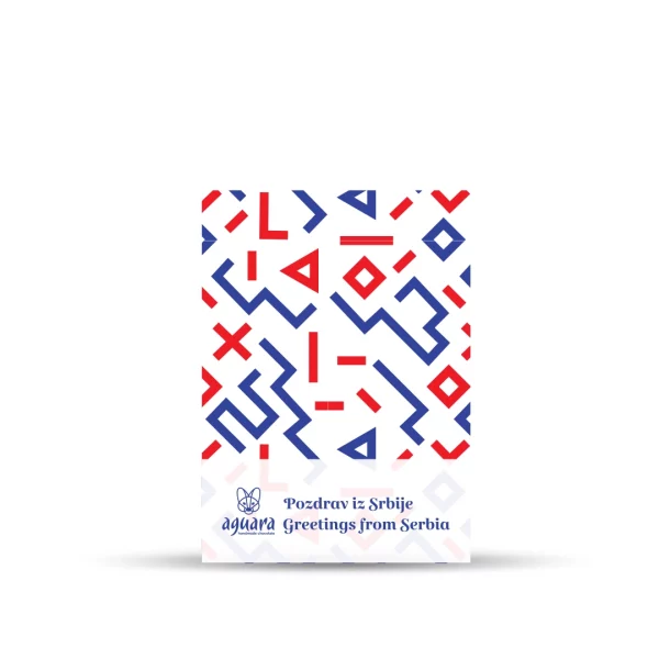 Poklon čestitka Pozdrav iz Srbije sa crveno plavim ornamentima, aguara logotipom i tekstom Pozdrav iz Beograda i Greeting from Belgrade.