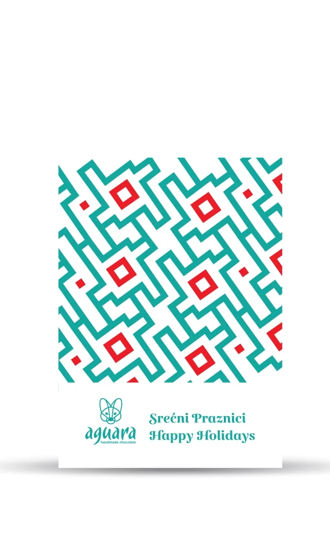 Poklon čestitka Srećni praznici na kojoj se nalaze zeleno crveni ornamenti.