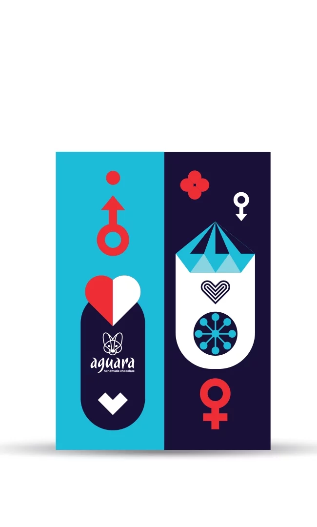 Poklon čestitka Dan zaljubljenih. Jedna polovina je svetlo plave boje boje a druga teget. Na čestitki se nalaze srce, dijamant, cvet i žensko muški simboli.