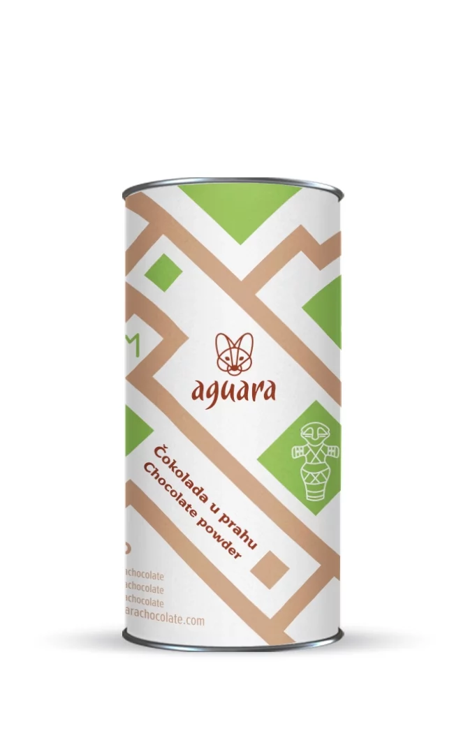 Aguara čokolada u prahu sa dodatkom organskog kokosovog mleka. Pakovanje je posveta vinčanskoj kulturi.